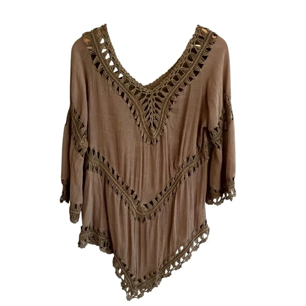 Active USA Womens Boho Crochet Coverup Top Size M/L Hippie Beach 70s Festival